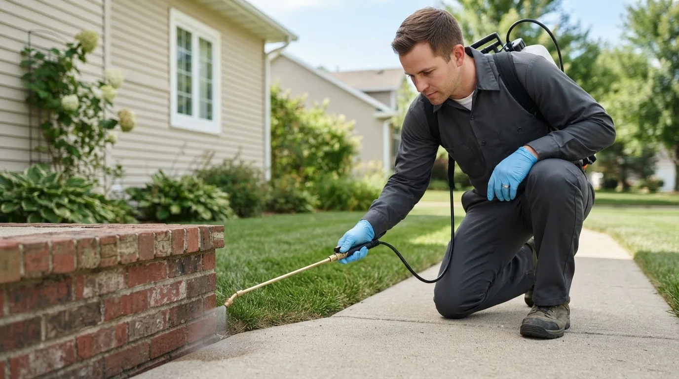 Pest control technician treating a home near Fortuna, ND