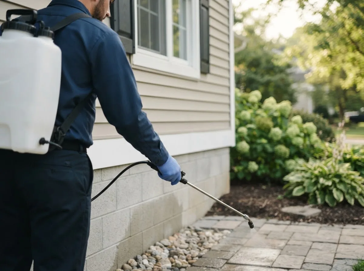 Pest control technician inspecting a home in Fortuna, ND